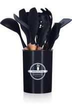 Jogo Kit 12 Peças Utensílios Cozinha Silicone Premium C/Cabo Madeira Escumadeira Espátula Concha Pote Azul Vermelho Cinz