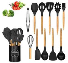 Jogo Kit 12 Utensílios de Cozinha em Silicone Cabo Madeira Colher Pegador Concha Espátula Preto Jogo Kit 12 Utensílios de Cozinha em Silicone Cabo Madeira Colher Pegador Concha Espátula Preto