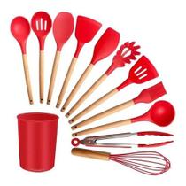 Jogo Kit 12 Utensílios Silicone Cozinha Colher Pegador Concha Espátula Pincel Cabo Madeira - Tendmix