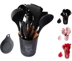 Jogo Kit 13 Peças Colheres de Silicone Cabo de Madeira Utensílios Cozinha Envio Imediato Bpa Free