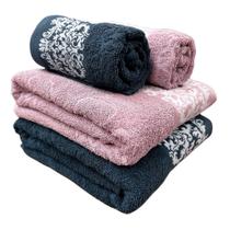 Jogo/Kit 2 Toalhas Banhão Corttex Gigante Barra Jacquard + 2 Toalhas de Rosto Medalhão Louise Dahlia