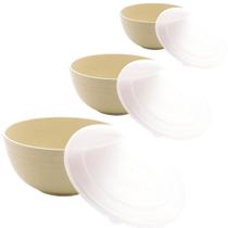 Jogo Kit 3 Bowls Pote Cumbuca Tigela Bambu Ecológico Com Tampa