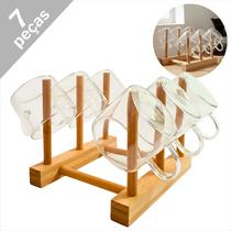 Jogo Kit 6 Xícaras Café Chá 100ml Vidro Borossilicato Resistente ao Calor Com Suporte Descanso de Bambu Para Capuccino Nespresso