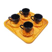 Jogo Kit 9 Peças Bandeja Pires Madeira 4 Xícaras em Porcelana Branca Para Servir