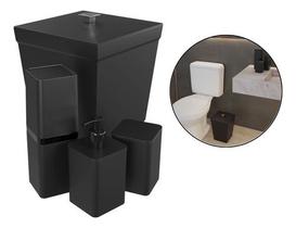 Jogo Kit Banheiro 4 Pçs Lixeira Porta Algodão Escovas Preto