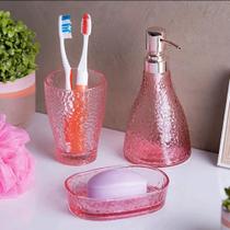 Jogo kit banheiro e lavado cor rosa com 3 peças dispenser de sabonete líquido saboneteira e porta escovas de dentes