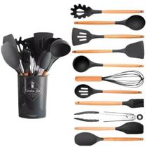 Jogo Kit C/12 Peças Utensílios De Cozinha em Silicone Colheres Espátula Cabo Madeira - mm house