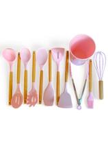 Jogo Kit C/12 Peças Utensílios Talheres De Cozinha Silicone Cabo Madeira