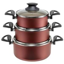 Jogo Kit Caçarolas 3 Peças 16 a 20 -Antiaderente Teflon CEREJA Tampa de Vidro