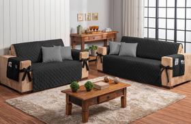 Jogo kit capa de sofá 2 e 3 lugares com laço preto + 4 almofadas cheias cinza