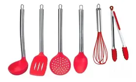 Jogo Kit Colher Silicone Cozinha Peças Vermelho Cabo Inox 6 Peças