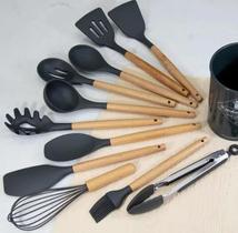 jogo kit colheres de silicone cabo de madeira 12 peças utensilios cozinha - Dona Fulô
