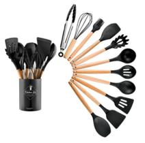 Jogo Kit Colheres de Silicone Cabo de Madeira 12 peças Utensilios Cozinha Jogo Kit Colheres de Silicone Cabo de Madeira 12 peças Utensilios Cozinha