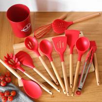 Jogo Kit Colheres de Silicone Cabo de Madeira 12 peças Utensílios Cozinha Não Derrete