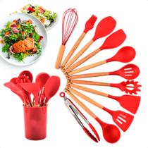 jogo kit colheres de silicone cabo de madeira 12 peças utensilios cozinha - Premiun