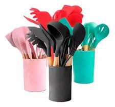 Jogo Kit Com 12 Peças Utensílios De Cozinha Colheres Espatulas Pegador Silicone Copo Suporte