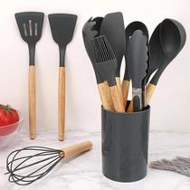 Jogo Kit Com 12 Peças Utensílios De Cozinha Colheres Espatulas Pegador Silicone Copo Suporte