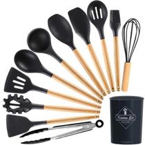 Jogo Kit Com 12 Peças Utensílios De Cozinha Colheres Espatulas Pegador Silicone Copo Suporte