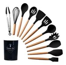 Jogo Kit Com 12 Peças Utensílios De Cozinha Colheres Espatulas Pegador Silicone Copo Suporte