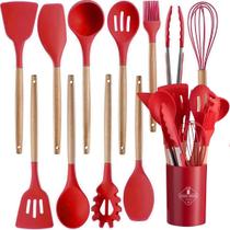 Jogo Kit Com 12 Peças Utensílios De Cozinha Colheres Espatulas Pegador Silicone Copo Suporte