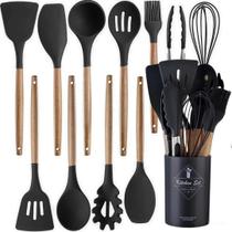 Jogo Kit Com 12 Peças Utensílios De Cozinha Colheres Espatulas Pegador Silicone Copo Suporte