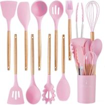 Jogo Kit Com 12 Peças Utensílios De Cozinha Colheres Espatulas Pegador Silicone Copo Suporte