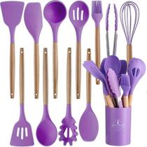 Jogo Kit Com 12 Peças Utensílios De Cozinha Colheres Espatulas Pegador Silicone Copo Suporte