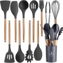 Jogo Kit Com 12 Peças Utensílios De Cozinha Colheres Espatulas Pegador Silicone Copo Suporte