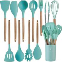 Jogo Kit Com 12 Peças Utensílios De Cozinha Colheres Espatulas Pegador Silicone Copo Suporte
