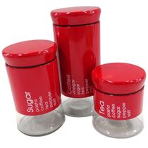 Jogo Kit com 3 Potes Para Mantimentos Alimentos Modelo em Aço Inox E Vidro na cor Vermelha Perfeito Para Guardar Açúcar Café Chá