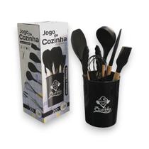 Jogo Kit Com 7 Peças Utensílios De Cozinha Colheres Espatulas Pegador Silicone Copo Suporte