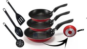 Jogo kit Conjunto de 6 Peças Frigideiras 16,18 e 20 cm 5 Camadas Teflon Antiaderente mais 3 utensílios Vermelho Rouge Jogo kit Conjunto de 6 Peças Frigideiras 16,18 e 20 cm 5 Camadas Teflon Antiaderente mais 3 utensílios Vermelho Rouge