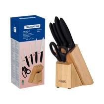 Jogo Kit Conjunto de Facas Tramontina Plenus 6 Peças Inox com Suporte de Madeira e Cabos em Polipropileno