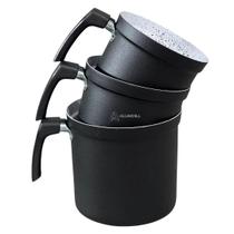 Jogo Kit Conjunto de Leiteira Ceramica Fervedor Canecao Copo Extra Reforçado 3 peças em Aluminio Preto com Branco