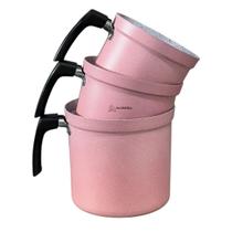 Jogo Kit Conjunto de Leiteira Ceramica Fervedor Canecao Copo Extra Reforçado 3 peças em Aluminio Rosa com Branco