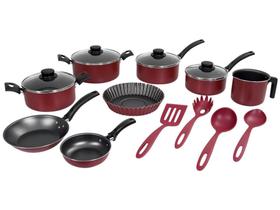 Jogo Kit Conjunto de Panelas Tramontina Turim 12 Peças Vermelho Alumínio Antiaderente Tampa de Vidro Cabos Antitérmicos