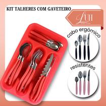 Jogo Kit Conjunto De Talheres Faqueiro Aço Inox Com Gaveteiro Organizador Vermelho Rosa Preto Cinza