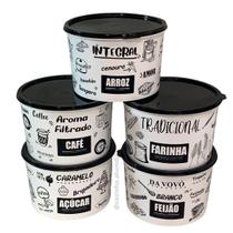 Jogo Kit Conjunto Potes para Mantimentos 5 peças 2 litros Plástico Redondo Com Tampa Personalizado Black