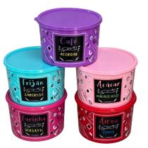 Jogo Kit Conjunto Potes para Mantimentos 5 peças 2 litros Plástico Redondo Com Tampa Personalizado Topw