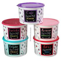 Jogo Kit Conjunto Potes para Mantimentos 5 peças 2 litros Plástico Redondo Com Tampa Personalizado Topw Jogo Kit Conjunto Potes para Mantimentos 5 peças 2 litros Plástico Redondo Com Tampa Personalizado Topw