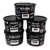 Jogo Kit Conjunto Potes para Mantimentos 5 peças 2 litros Plástico Redondo Preto Com Tampa Personalizado Black
