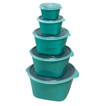 Jogo Kit Conjunto Potes para Mantimentos Multiuso 5 peças Plástico Redondo Com Tampa Personalizado Verde Água Escuro
