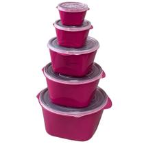 Jogo Kit Conjunto Potes para Mantimentos Multiuso 5 peças Plástico Redondo Com Tampa Pink Rosa Escuro