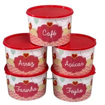 Jogo Kit Conjunto Potes Porta para Mantimentos 5 peças 2 litros Plástico Redondo Com Tampa Personalizado Afeto Jogo Kit Conjunto Potes Porta para Mantimentos 5 peças 2 litros Plástico Redondo Com Tampa Personalizado Afeto