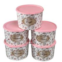 Jogo Kit Conjunto Potes Porta para Mantimentos 5 peças 2 litros Plástico Redondo Com Tampa Personalizado Floral