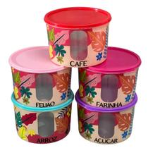 Jogo Kit Conjunto Potes Porta para Mantimentos 5 peças 2 litros Plástico Redondo Com Tampa Personalizado Tropical