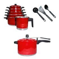 Jogo Kit de Panela+ Caneco+ Panela de Pressão+ Brinde 10 Pçs Cor:Vermelho