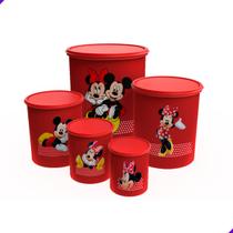 Jogo Kit Potes Mantimentos Decorado Mickey Minnie Disney - Feitos de Plástico Resistente - Rosa, Preto, Branco, Vermelho - ArtVida