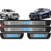 Jogo Kit Soleiras 4 Portas Tiggo 3x 5x 7 8 e Todos Pro Protetora Iluminada Luz Led com Aço Escovado