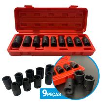 Jogo Kit Soquete de Impacto Sextavado Curto Pito Encaixe 1/2 Pol 10 a 22mm 9 Peças Aço Cromo